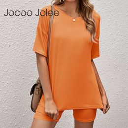 Jocoo Jolee 2Pcs Set Casual Solid Manica corta O Collo T-shirt e pantaloncini Tute Donna Solid Tuta Summer Outfit Homewear 210619