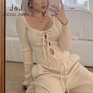 Jocoo Jolee otoño mujer Sexy manga larga con cordones suéter de punto elegante cárdigan ajustado vendaje recortado Tops prendas de vestir exteriores 210518