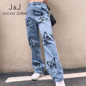 Jocoo Jolee bleu jean décontracté femmes pantalons longs taille haute jambes larges pantalon pantalon ample femme Streetwear 210518