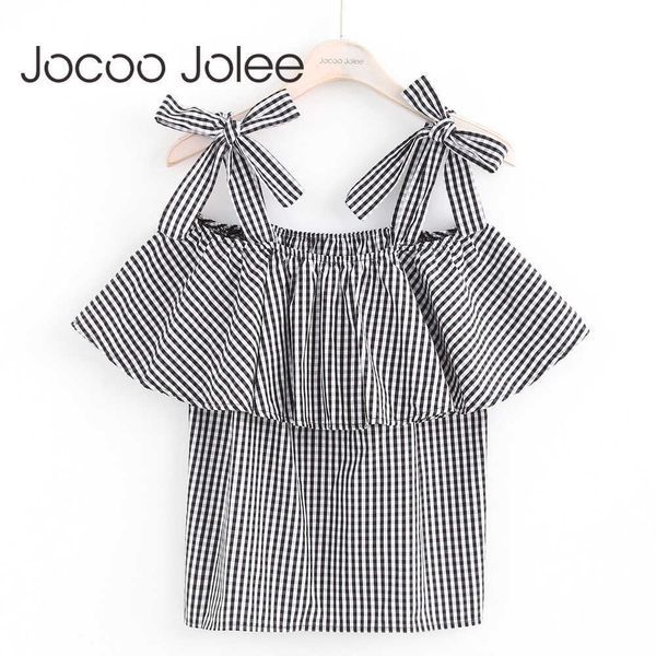 Jocoo Jolee Bow Lace-up Camis para mujer Sexy Ruffles Off-Shoulder Tops Casual Plaid Pattern Mujer Ropa 017 Global Shopping 210619