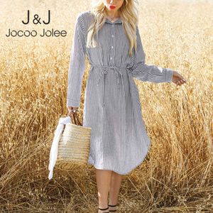 JOCOO JOREE Casual Blue Chemise à rayures Robe Élégante Sashes A Ligne Robe Europe Style Casual Simple Robe Simple Office Dame Tunique 210619