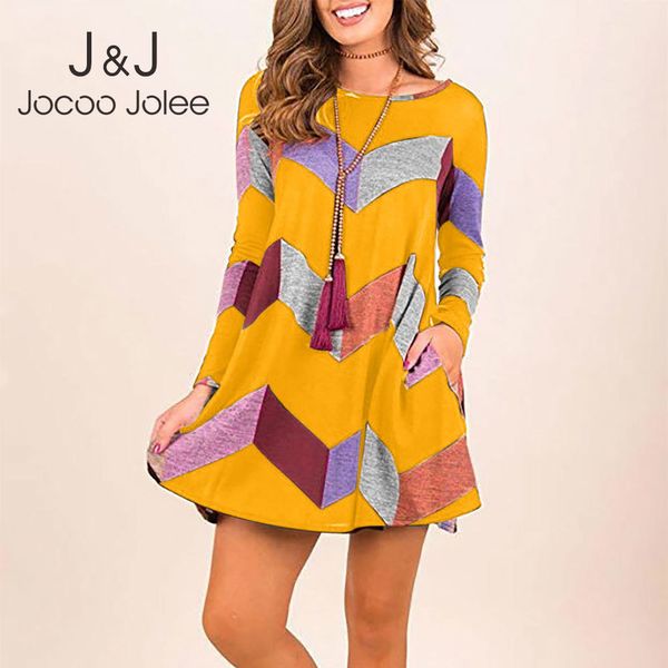 Jocoo Jolee Casual manga larga O cuello camiseta vestido vintage geometría patrón bolsillos una línea vestido femenino simple delgado mini vestido 210518