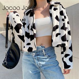 Jocoo Jolee Elegant Cow Print Teddy Coat Jacked Autumn Winter Faux Fur Jacket Vrouw bijgesneden Harajuku jas Fashion Outsars 210619