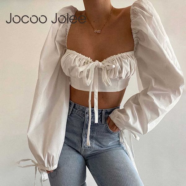 Jocoo Jolee Élégant Lanterne Manches Carré Col Hauts et Blouses Sexy Dos Nu Crop Tops Casual Chemises À Lacets Tunique D'été 210619