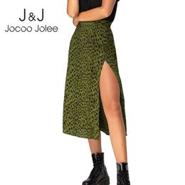 Jocoo Jolee Elegant Leopard Floral Printing Lange rok vrouwen sexy hoge taille split Midi Skirts Office Lady Bodycon A Line 240516