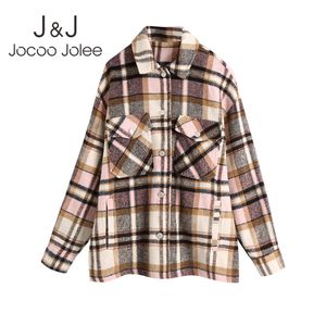Jocoo Jolee Élégant Plaid Motif Laine Vestes Vintage Poches Lâche Manteau pour Femmes High Street Épais Tunique Vêtements Tops 210518