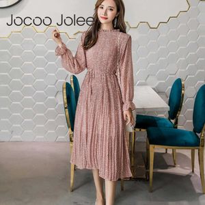 JOCOO JOLEE Elegant stand kraag bloemenprint vrouwen kleden volle mouw elastische slanke taille chiffon veer A-lijn lange jurk 210619