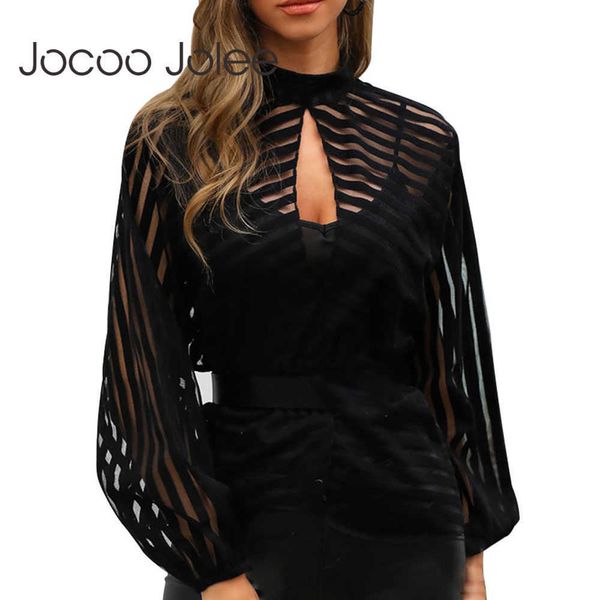 Jocoo Jolee Mode Rayé Chemise Transparente À Manches Longues Maille Sheer Blouse Dames Noir Avant Creux Sexy Tops Femme Tunique 210619