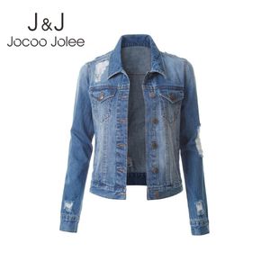 Jocoo Jolee Koreaanse Denim Jassen Vintage Ripped Denim Jassen Streetwear Harajuku Jean Jassen Dames Single Breasted Slanke mantel 210518