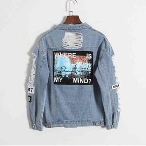 Jocoo Jolee Version coréenne Rétro Lavage Effiloché Lettre de broderie Patch Bomber Veste Bleu Ripped Distressed Denim Manteau Femme 210518