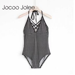 JOCOO JOLEE SEXY DEEP V-NECK CRISS CRISS CRISS CROSSUSPUTS VOOR Women Fashion Plaid Jumpsuits Basic Rompers bandage Bodysuits 210619