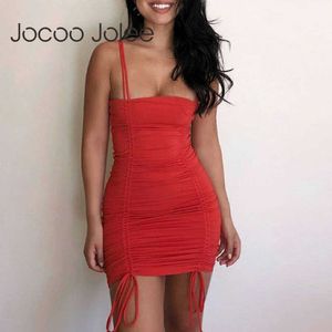 JOCOO JOLEE SEXY geplooid Off Shoulder Summer Cami Riets Women Drawtring Bandage Bodycon Backless Solid Club Party Mini Dress 210619