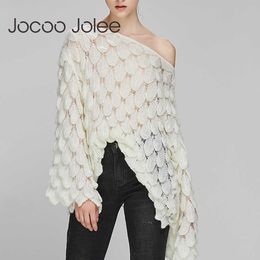Jocoo Jolee Sexy Women Off Shoulder Sweater Elegant Pull Sweater en Pullovers Casual 3D Print White Jumper Sueter Mujer 210619