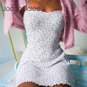 JOCOO JOLEE SEXY Women Spaghetti Strap Floral Print bodycon jurk Casual zomer mouwloze kanten jurk boho strandjurk 210619