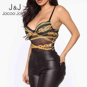 Jocoo Jolee Spaghetti Strap Body Sexy Dos Nu Body Romper String Femme Sexy Chaîne Impression Sans Manches Débardeur Body 210518