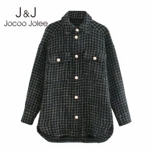 Jocoo Jolee Lente Parel Knoppen Lange Mouw Losse Wollen Jas Elegante Plaid Patroon Blazer Office Dame Jackets Zakken 210518