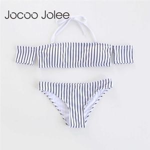 Jocoo Jolee gestreepte sets vrouwen sexy lage taille BH korte sets halter bandage pak zomer baden 210619