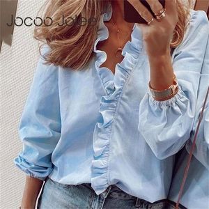 Jocoo jolee zomer bloemenprint ruches blouse kantoor dame korte mouw v-neck shirts sexy slanke tops casual elegante blouse 210308