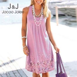 Jocoo Jolee Summer Loose Floral Print Robe plissée Sexy Plus Taille 5XL Sundres Robes de plage sans manches 210623