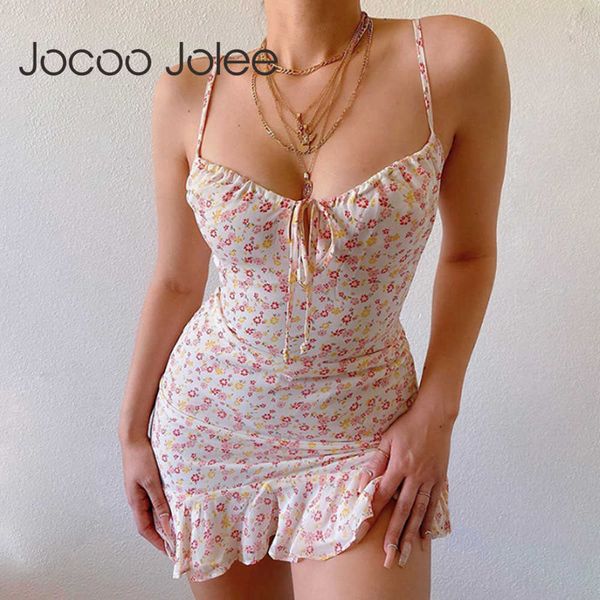 Jocoo Jolee Summer Sexy Strap Estampado floral Ruffles Mini vestido Casual sin mangas Tight Bodycon Dress Boho Beach Party Sundress 210619