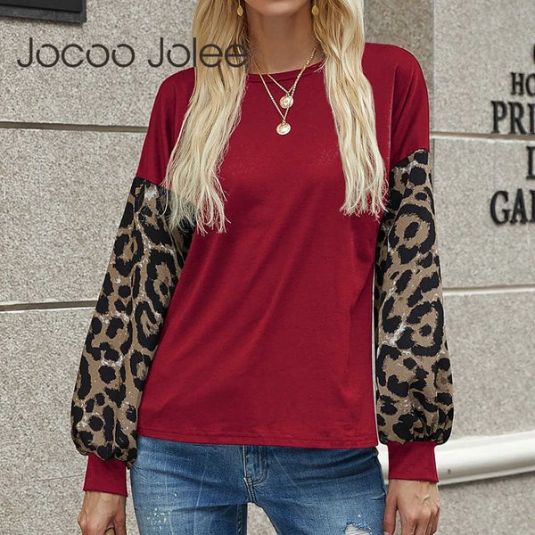 Jocoo Jolee Vintage Leopard Print Patchwork T Shirt Casual Linterna Manga O Cuello Camisetas sueltas Mujeres Otoño Tops Túnica 210619