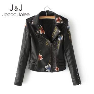 Jocoo Jolee Vintage Rivet Vestes Élégantes Broderie Faux Cuir PU Vestes Mode Noir Collier Punk Manteau 210518