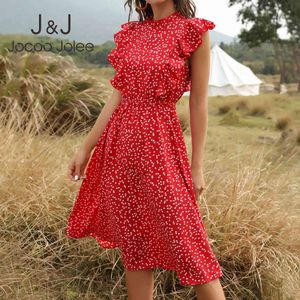 Jocoo Jolee mujeres elegante punto estampado vestido de gasa rojo casual sin mangas cintura elástica con volantes midi dres verano playa sundress 210518