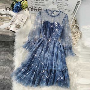 JOCOO JOREE Femmes Élégant Star Star Sequins Séquins Mesh Robe Élévée Robe Écolée Robe Coréen Style Coréen Patchwork Robe A-Line Brillant 210619