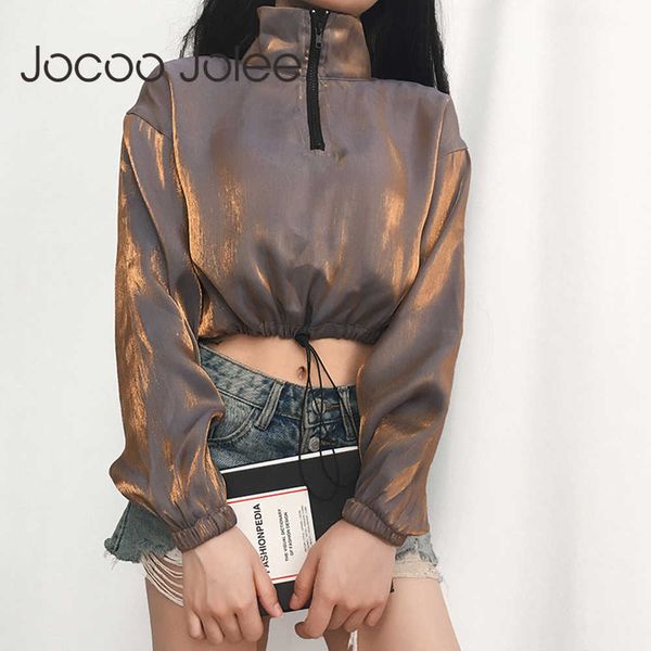 Jocoo Jolee, chaquetas de hip hop con purpurina para mujer, otoño, manga larga, cremallera, cuello alto, cordón, abrigo corto, Tops recortados de moda 210619