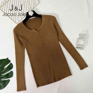 Jocoo Jolee Vrouwen Koreaanse Button V-hals Gebreide Sweater Herfst Winter Basic Slim Trui Vrouw Brei Jumper Tops Chic Clothes 210518