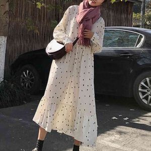 Jocoo Jolee Vrouwen Koreaanse Polka Dot Losse Lange Robe Jurk Herfst Casual Lange Mouw O Neck Ruches Linnen Midi Jurk Sweet Dress 210518