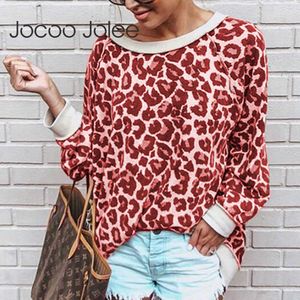 Jocoo jolee dames luipaard print sweatshirt lange mouw o nek losse t shirt 5 kleuren casual pullovers vintage tops lente 210619