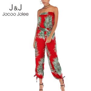 Jocoo Jolee Vrouwen Off Schouder Elastische Taille Losse Jumpsuit Zomer Elegante Floral Print Jumpsuits Boho Beach Holiday Romper 210518