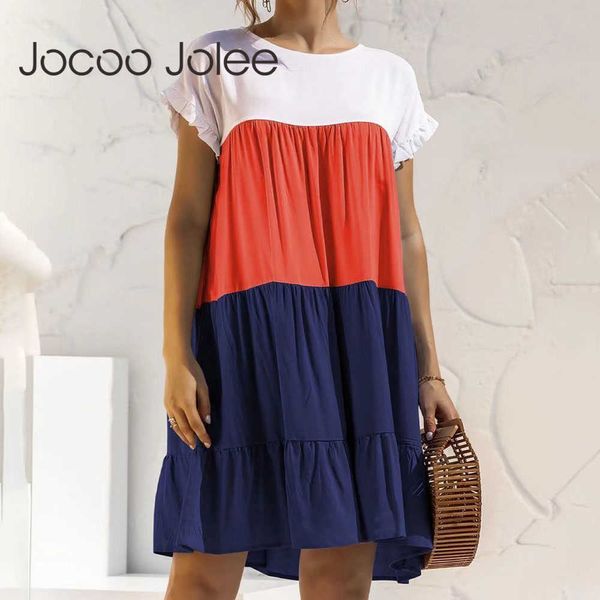 Jocoo Jolee Femmes Patchwork Volants Plissé Hit Couleur Lâche O-cou À Manches Courtes D'été Casual De Base Mini Robe Plage Style Club 210619