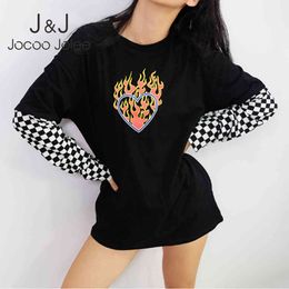 Jocoo Jolee Vrouwen Plaid Patchwork Lange Mouw Flaming Heart Print Sweatshirt Herfst Zwart Checkboard Pullover Hoodies 210518