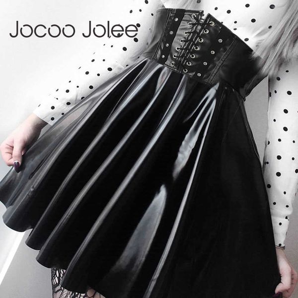 Jocoo Jolee faldas de mujer gótico Harajuku vendaje imitación cuero moda coreana negro Mini faldas plisadas fiesta de verano Pu falda 210619
