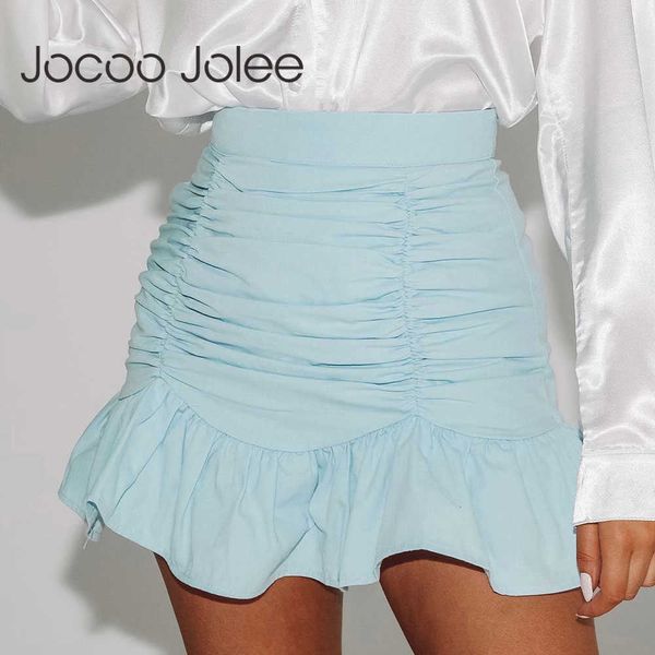 Jocoo Jolee mujer verano color sólido plisado con volantes cremallera cintura alta bolso ajustado cadera cola de pez chica falda básica 210619