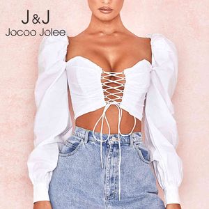 Jocoo Jolee Femmes Sexy Manches Bouffantes Dos Nu Tops Courts Cross Criss Lace Up Blouse Élégant Blanc Streetwear Chemise Casual Tops 210518
