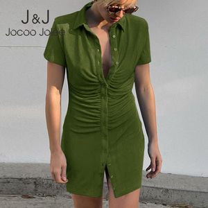 Jocoo Jolee Vrouwen Korte Mouw Single-Breasted Geplooid Jurk Kantoor Casual Turn Down Collar Bodycon Jurk Elegante Wrap Jurk 210518