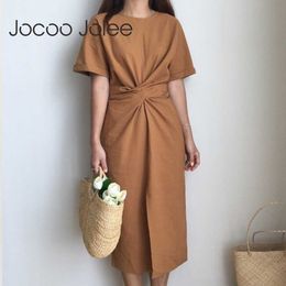 Jocoo Jolee vrouwen zomer causale korte mouw twist knoop veter split MIDI jurk korte verbandjurken Koreaanse Harajuku -jurk 210619