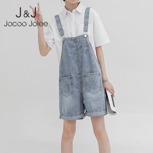 Jocoo Jolee Femmes Été Corée Preppy Style Sertissage Plastrons Droits Lâche Taille Haute Poche Cowboy Barboteuses Combishorts 210518