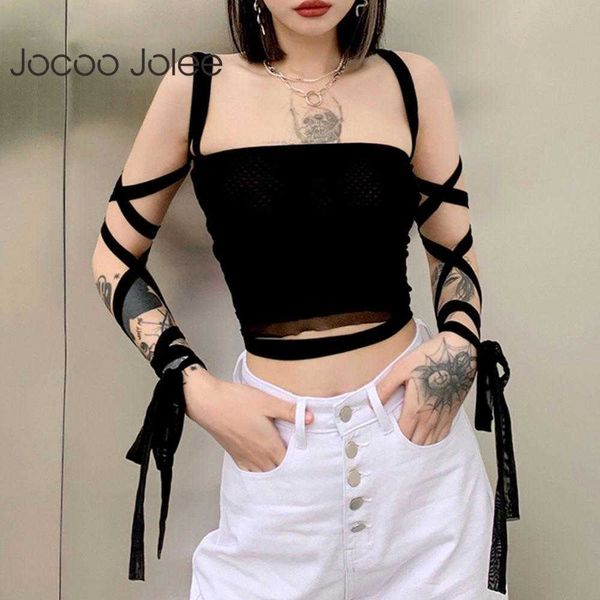 Jocoo Jolee Femmes Été Sexy Mesh Gaze Solide Nombril Bandage Débardeur Y2K High Street Style Party Club Rubans Camis 210619