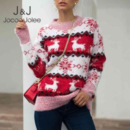 Jocoo jolee vrouwen winter herten sneeuw print kerst trui casual o hals warme dikke gebreide truien jaren jumpers cadeau 210518