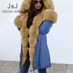 Jocoo Jolee Femmes Hiver Épais Chaud Manteaux De Mode À Capuche Col De Fourrure Europe et Amérique Style Long Parka Causal Vestes 210518