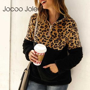 Jocoo jolee dames ritsjipper turtleneck fleece hoodies casual luipaard print patchwork losse sweatshirt vintage pocket dikke warme top 210619