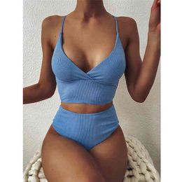 Jodimitty Dames Bandage Bikini Set Push-Up Solid High Taille Beach Badpak Bandeau Gewatteerde BH BAD Pak Badmode 210625