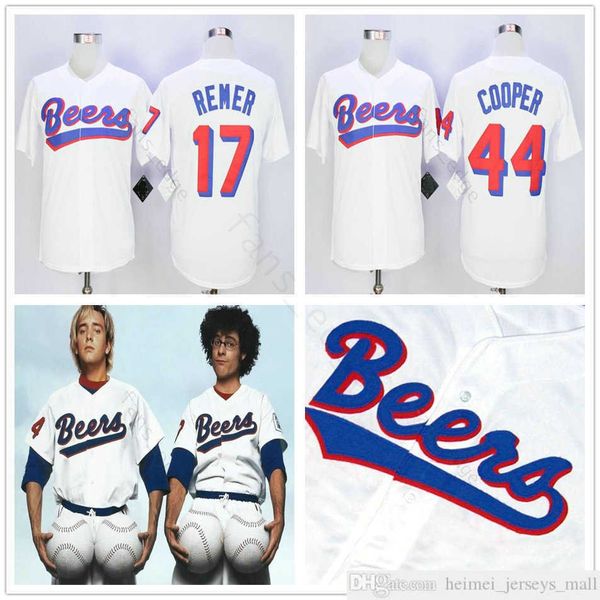 Joe Cooper Jersey # 44 Doug Remer # 17 Beers Movie White Baseball Jerseys Tamaño S-3XL orden de mezcla Envío rápido