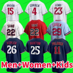 Joey Gallo 49 Pablo Lopez Baseball Jersey 15 Emilio Pagan 18 Kenta Maeda Royce Lewis 26 Max Kepler Carlos Correa Kirby Puckett personnalisé hommes femmes enfants