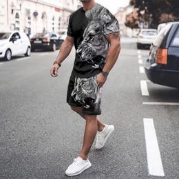 Ropa de jogging Verano Bandera de los hombres europeos y americanos Estampado de animales Pantalones cortos de manga corta Traje Moda Ropa deportiva informal de 2 piezas