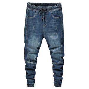 Pantalon de Jogging pour hommes, jean taille élastique, cordon de serrage, bleu, décontracté, fuselé, mode, surdimensionné, 42,065